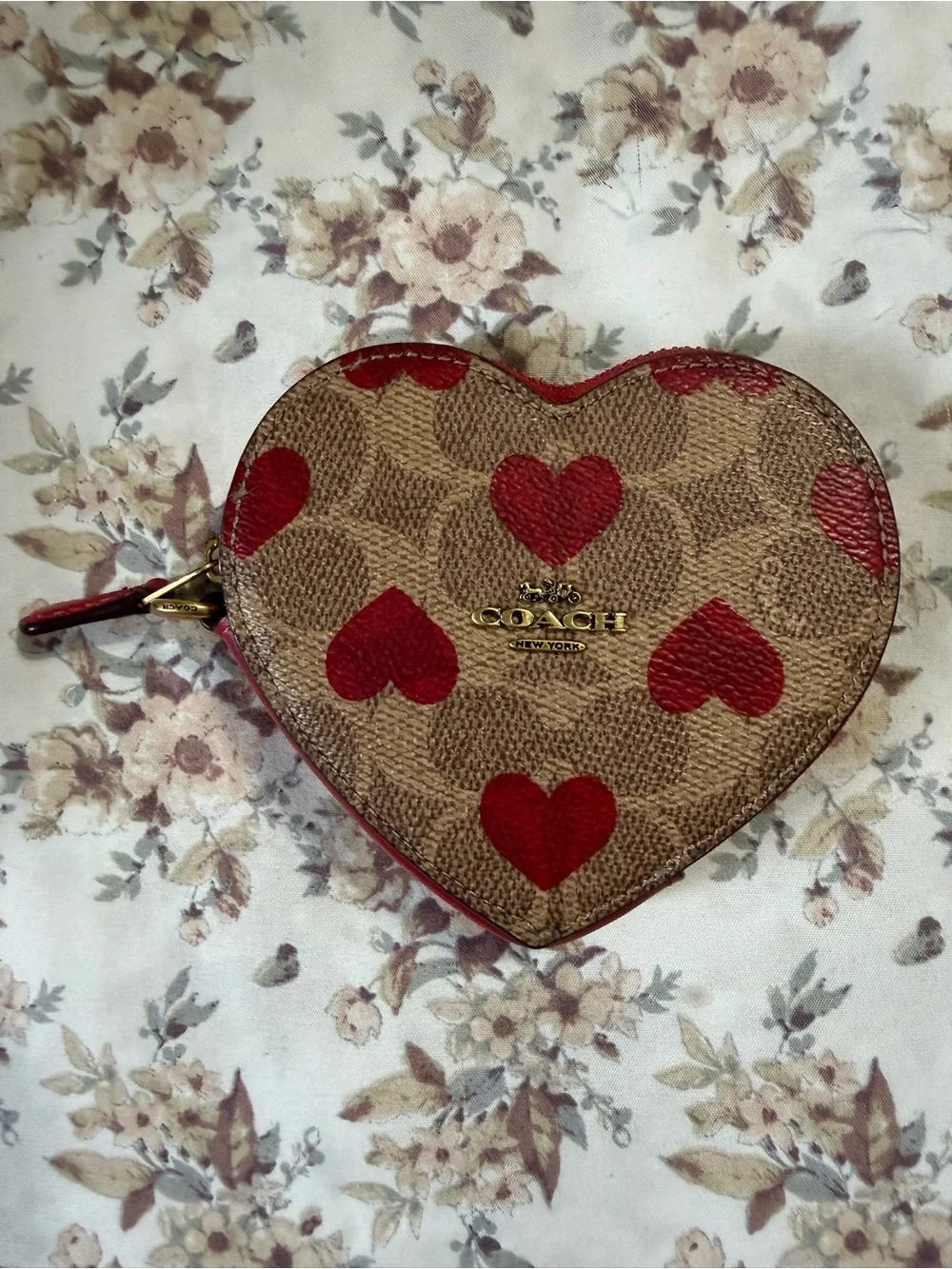 Coach Heart-Shaped Signature Wristlet in Red and Tan